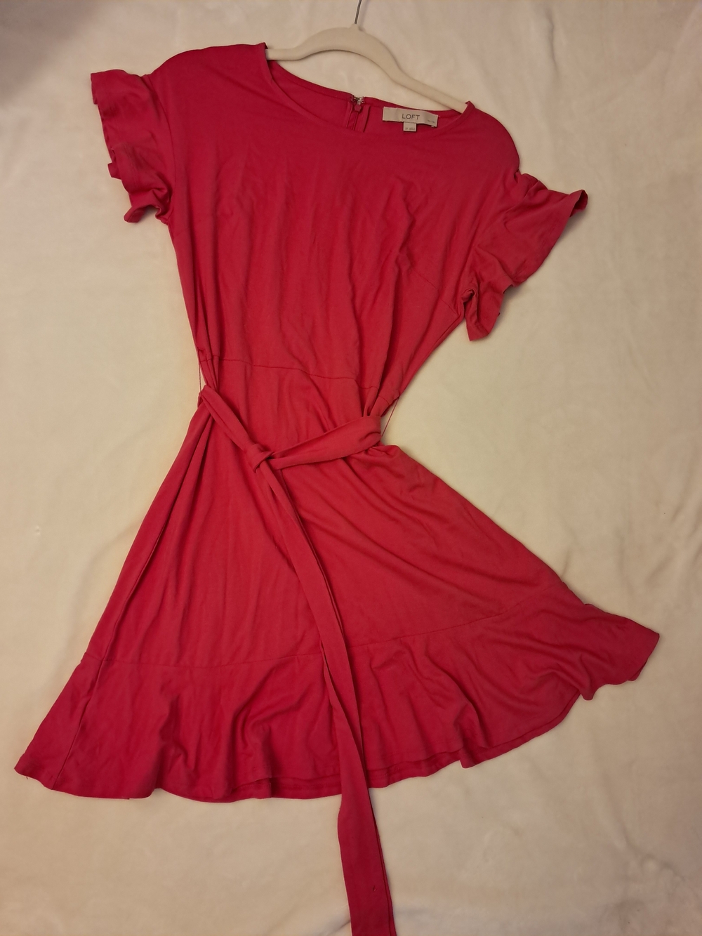LOFT Red Belted Ruffle Sleeve Dress